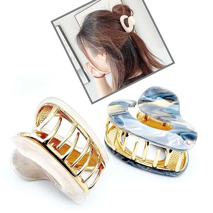 2Pcs Marble Pattern Hair Clips for Women - Non-Slip Grip Metal Claw Clip, Geometric Design Hair Accessories for Thin/Thick Hair, Cute Hair Styling Barrettes, 2.36 Inch