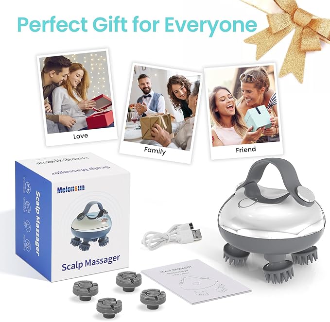 Portable Electric Scalp Massager - Rechargeable IPX7 Waterproof Heated Scalp Massager w/ 100 Kneading Nodes, 3 Speed Modes, 2 Massage Styles, 8 Claws for Scalp/Body Massage & Face Cleaning (Silver）