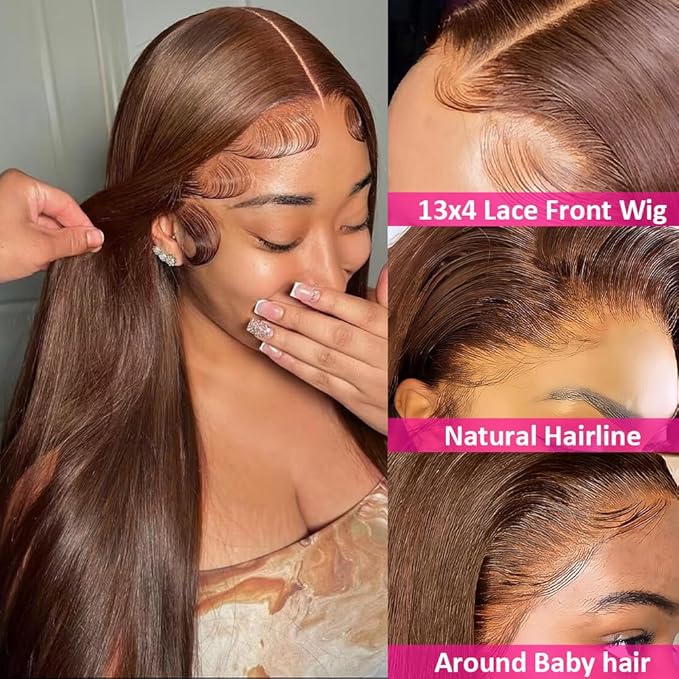Hermosa 13x4 Chocolate Brown Lace Front Wigs Human Hair 180% Density Straight Chocolate Lace Frontal Human Hair Wig Pre Plucked Hairline 4# Brown Wig 16 Inch