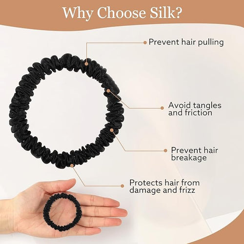 5 Pcs Silk Hair Ties, 100% Pure Mulberry Silk Hair Scrunchies Black Skinny Scrunchies Ponytail Holders Stocking Stuffers Gifts for Women Girls