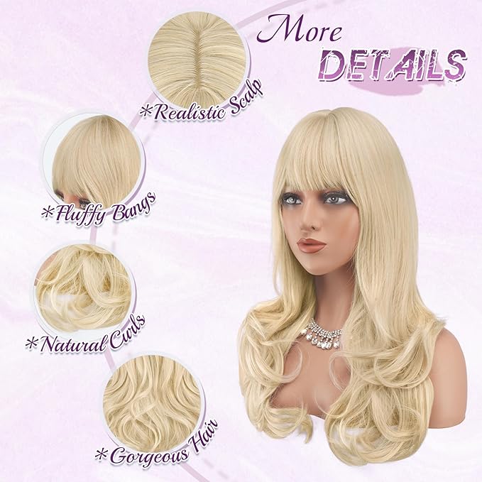 Haloo Blonde Wigs with Bangs Long Wavy Layered Haircut Natural Looking Fluffy Synthetic Heat Resistant Hair Wig for Women Daily Party, 24 Inch