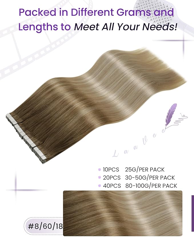 LaaVoo Tape in Hair Extensions Human Hair Brown to Ash Blonde Tape in Human Hair Extensions Seamless Tape on Hair Extension Silky Straight Hair 12inch 20pcs 30g