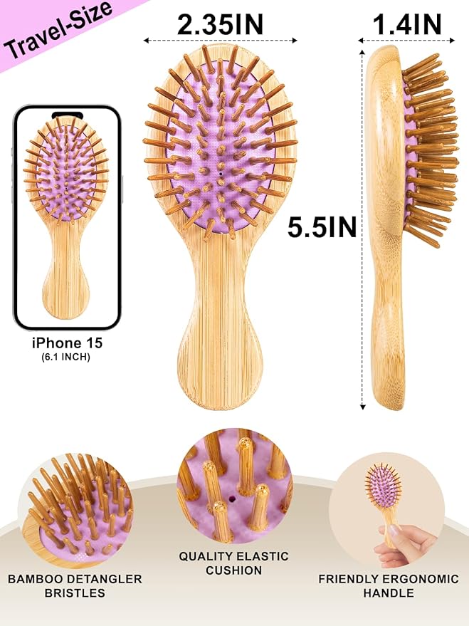 Mini Hair Brush, Travel Bamboo Bristle Detangle Hair Brush for Women - Small Portable Compact HairBrush for Girls Kids, Travel Size Brush for Purse, Car, Vacation, Traveling & Going out
