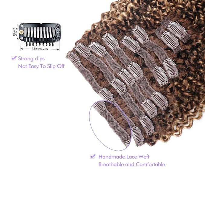 Curly Clip In Hair Extensions Real Human Hair Clip Ins Balayage Chocolate Brown to Caramel Blonde Human Hair Extensions 8Pcs with18clips 120g/Set (14 inch，#4/27/4)