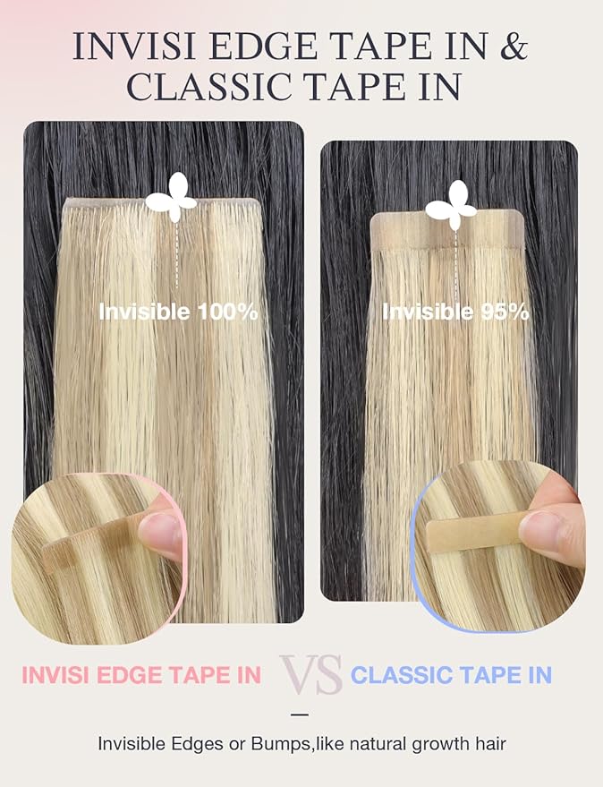 DOORES Invisi Edge Tape in Hair Extensions Real Human Hair, Light Blonde Highlighted Golden Blonde 10 Injection Tape-ins with 10 Injection Tape-ins 50g 22 Inch, Injected Tape in