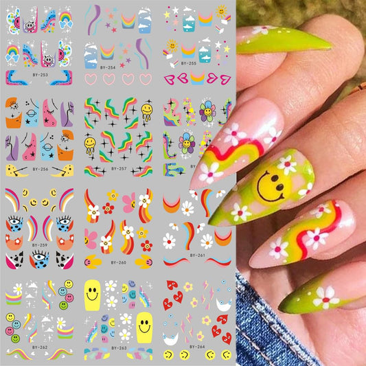 Abstract French Tips Nail Art Stickers Decals Colorful Sun Flower Smiling Nail Foils Sticker Water Transfer Nail Decals Rainbow Design Acrylic Nail Sticker for Nail Art Women Nail Decoration 12Pcs