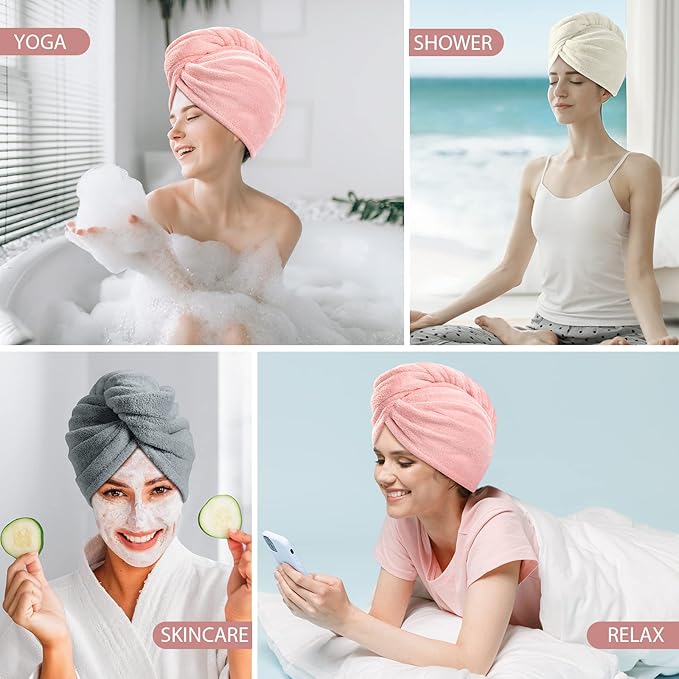 YFONG 3 Pack Microfiber Hair Towel Wrap for Women Girls, Super Absorbent Turban Towels for Drying Wet Hair, Anti Frizz Head Towels for Curly All Hair Style, Turbie Twist (Pink,White, Gray)
