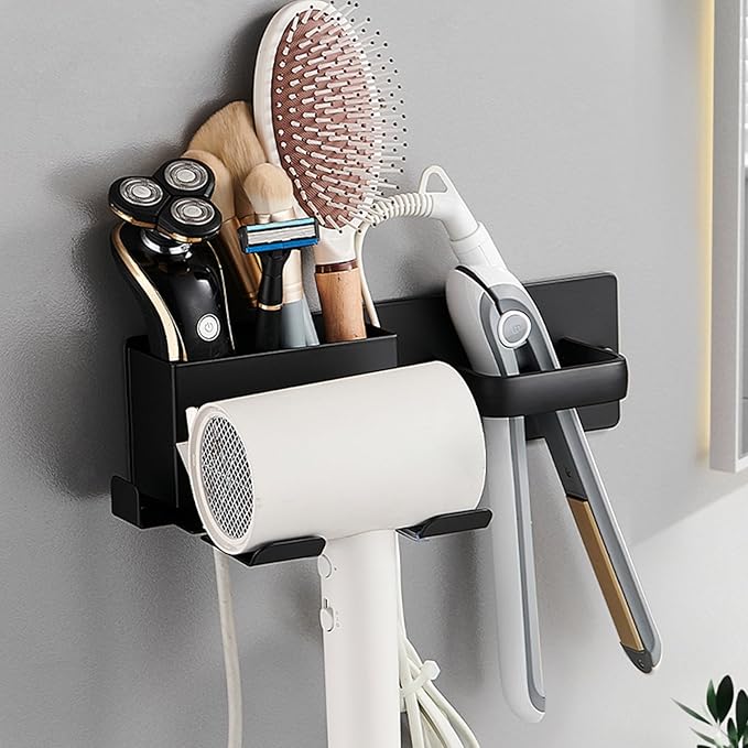 Hair Dryer Holder,Stainless Steel Wall Mounted Blow Dryer,Curling Iron,Straightener Holder Bathroom Metal Hair Tool Organizer Rack- Black