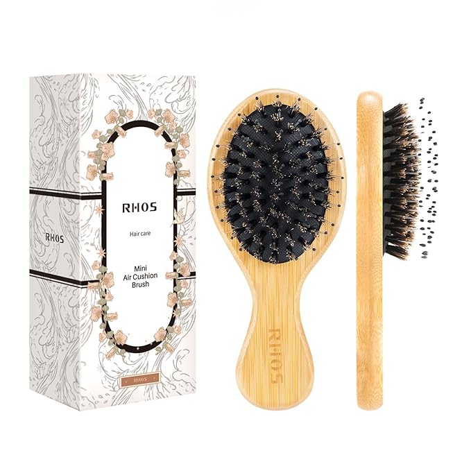 RHOS Mini Boar Bristle Hair brush for Women/Men/Kids-Small bamboo Paddle Brush for Smoothing/Detangling/Adding Shine-Travel Size bamboo Hair Brush for Pocket,Bag
