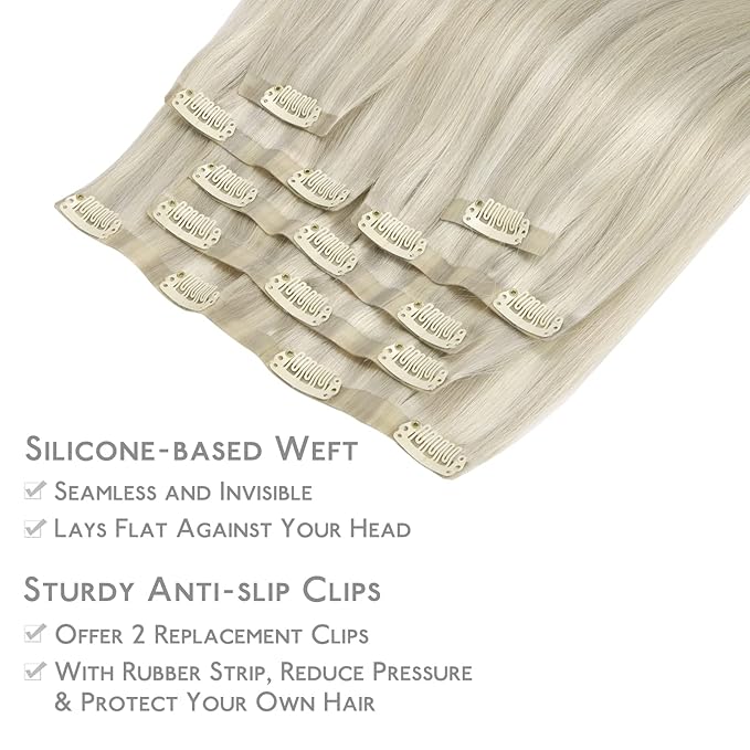 WENNALIFE Seamless Clip In Hair Extensions, 16 Inch 7pcs 130g Ash Blonde Highlighted Platinum Blonde Hair Extensions Clip In Real Human Hair Extensions Clip In Invisible PU Weft Human Hair Extensions