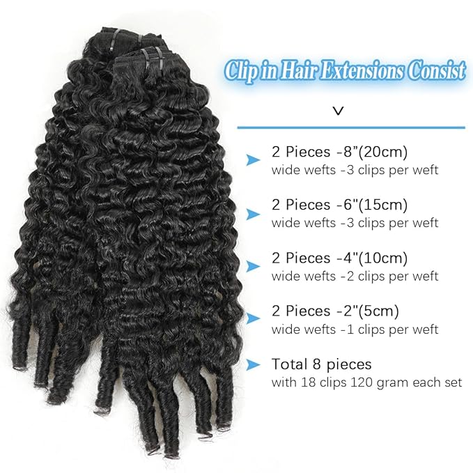 Burmese Curly Clip in Hair Extensions Real Human Hair, 8Pcs Remy Human Hair Clip in Extensions for Women, Natural Soft Human Hair, 120g 18inch #1B Natural Black