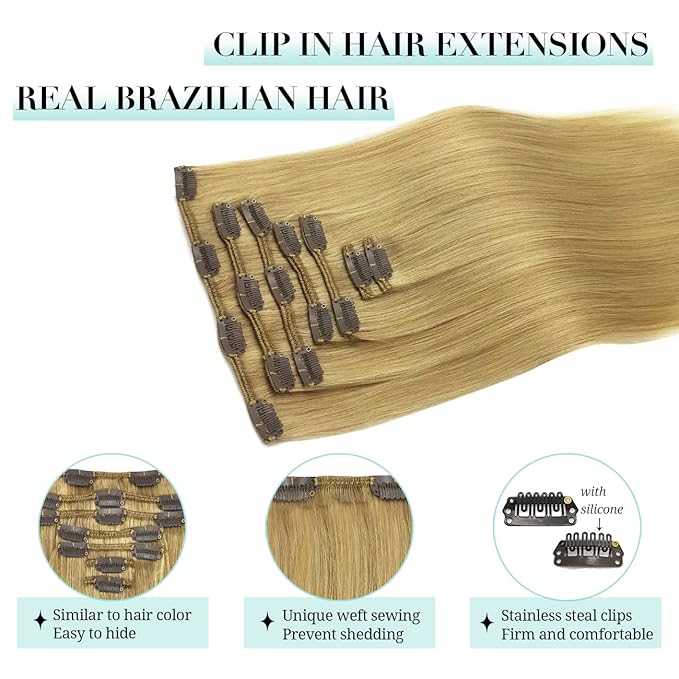DOORES Clip in Human Hair Extensions, Dirty Blonde 12 Inch 7pcs 80g, Thick Silky Straight Hair