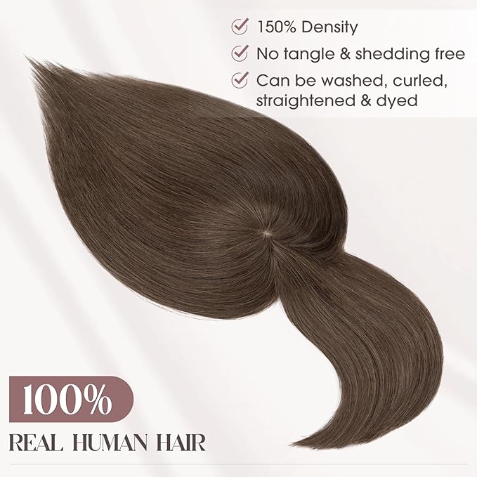 MY-LADY Human Hair Toppers for Women Real Human Hair with Bangs Thin 8.5 * 8.5CM Mono Base Clip in Remy Hairpieces Light Weight 10 Inch Dark Brown