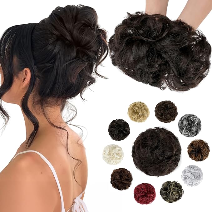 Messy Bun Hair Piece Wavy Curly Scrunchies Fluffy Donut Thick Updo Elegant Chignon Hairpieces for Women Girls, Black Brown 1.4oz