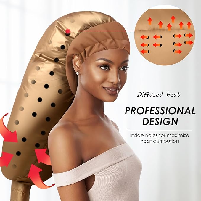Hair Dryer Bonnet Attachment: Upgraded Extra Large Hooded Dryer Adjustable Hair Dryer Caps - Easy to Use for Natural Curly Textured Hair Care Styling Fast Drying - Gold