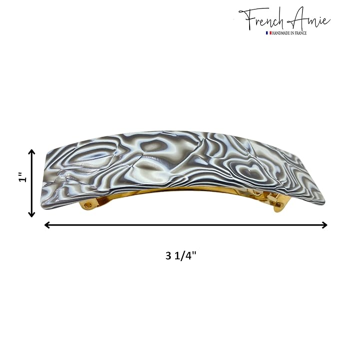 French Amie Rectangular Gray Magma 3 1/4” Celluloid Acetate Handmade Automatic Hair Clip Barrette with Sturdy Golden Clasp for Women and Girls, Made in France