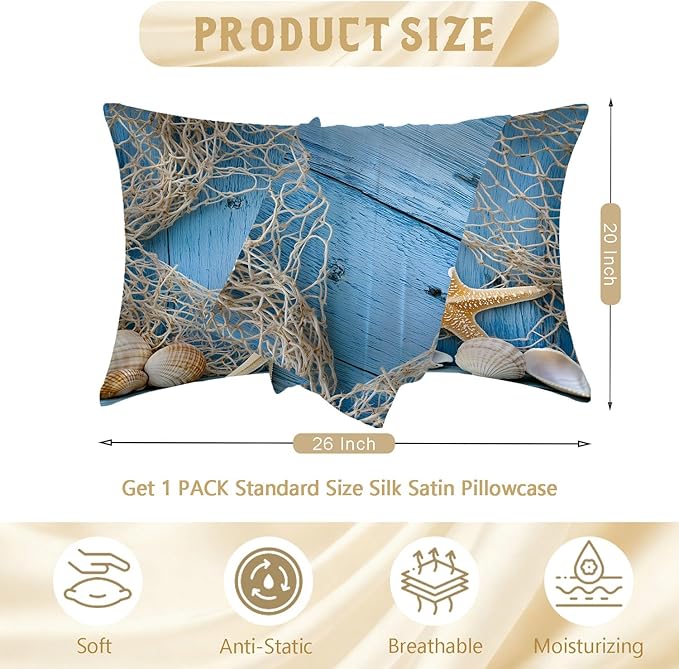 1 Pack Satin Pillowcase for Hair and Skin Sea Beach Starfish Fishing Net Imitation Silk Pillowcase with Hidden Zipper Soft Breathable Pillow Cover Standard Size for Bedroom Sofa 20”x26”