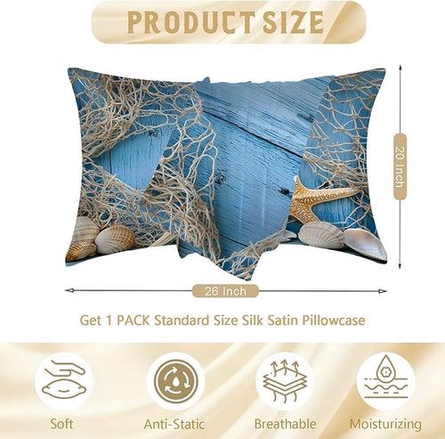 1 Pack Satin Pillowcase for Hair and Skin Sea Beach Starfish Fishing Net Imitation Silk Pillowcase with Hidden Zipper Soft Breathable Pillow Cover Standard Size for Bedroom Sofa 20”x26”