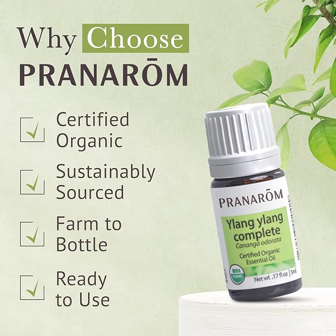 Pranarom USDA Certified Organic Ylang Ylang Essential Oil (5ml), 100% Pure Undiluted Therapeutic Grade from Madagascar for Aromatherapy, Diffuser, Meditation, Massage, Relaxation