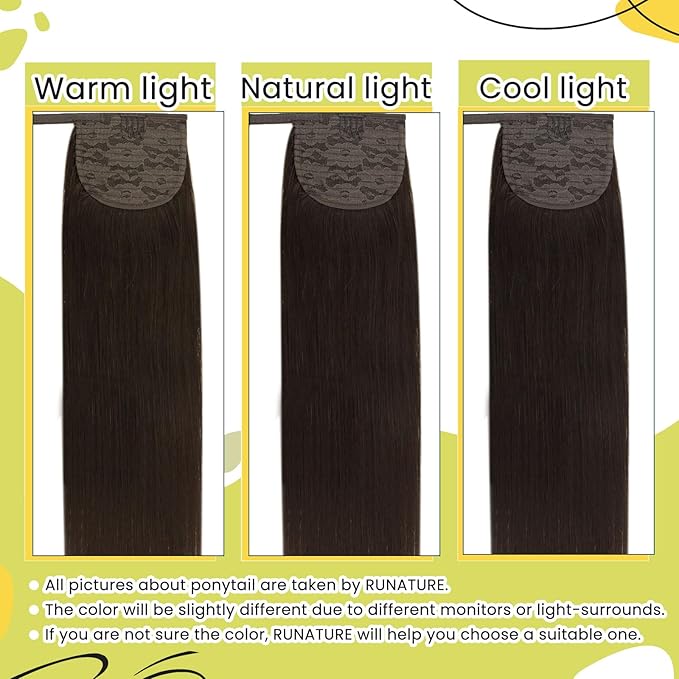 RUNATURE Ponytail Extension Human Hair, Real Hair Ponytail Extension Dark Brown, Remy Human Hair Ponytail Wrap Around, Tangle Free Hair, Easy To Apply, 18 Inch 80g #2 Dark Brown