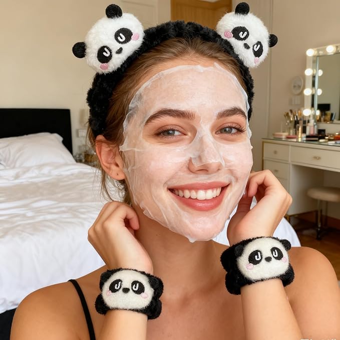 6PCS Cute Cat Ears Spa Headband for Washing Face Makeup Skincare Headband with Wrist Bands, Sleepover Party Supplies for Women/Teen Girl Trendy Stuff Present (6PCS Panda, standard size)