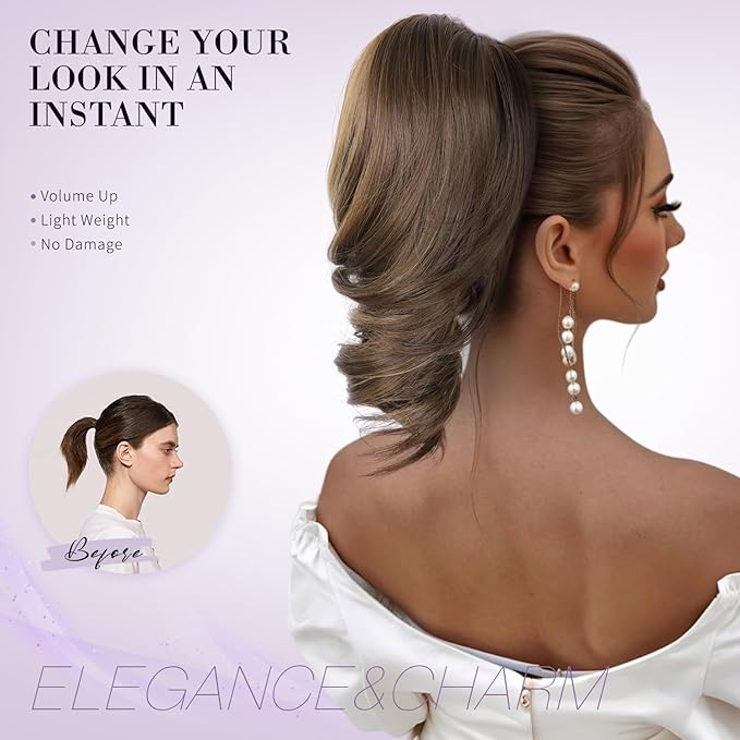 12 Inch Short Ponytail Extension - Curly Pony Tails Hair Extensions, Claw Clip Ponytail Extension, Synthetic Hair Extensions Ponytail, Clip in Ponytail (Color: Chestnut Brown With Golden Highlights)