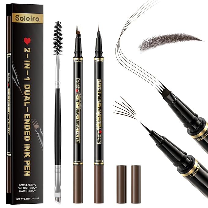 Waterproof Eyebrow Pencil with 4 Tip Microblading Pen and Dual-ended Brush, for Natural-Looking Brows, Long-Lasting, Black Brown