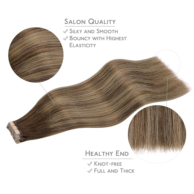 WENNALIFE Tape in Hair Extensions, 20pcs 24 Inch 50g Balayage Chocolate Brown to Honey Blonde Remy Human Hair, Coloured Tape Extensions