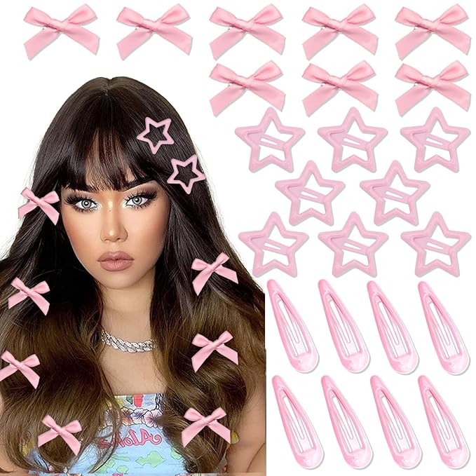 24Pcs Pink Mini Bow Hair Clips Y2K Star Snap Hair Barrettes Water Drop No Slip Hair Clips for Women Small Hair Bows Cute Bowknot Star Hair Pins Accessories for Girls