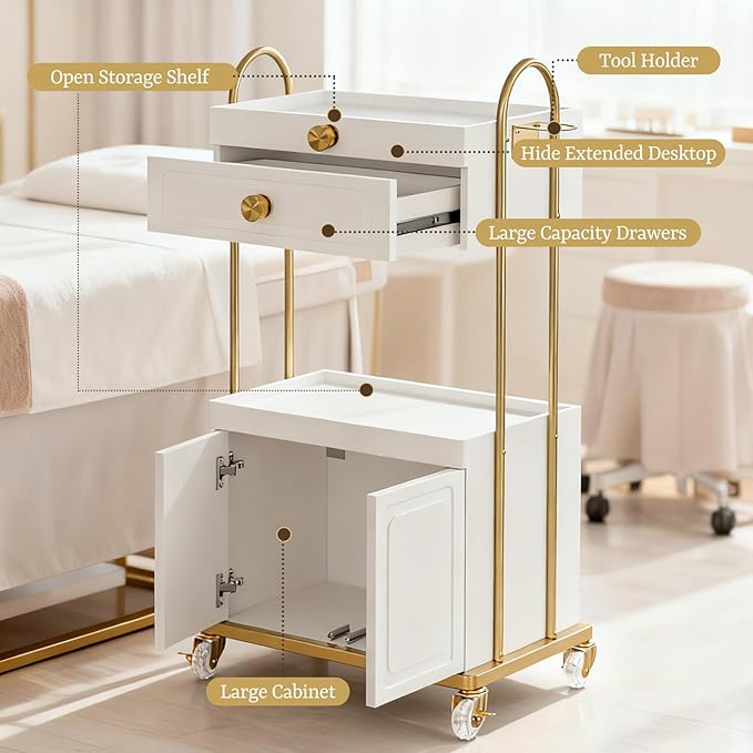 Salon Trolley Cart with Lockable Wheels, Salon Station Cabinet with Drawer & Cabinet for Hair Stylist Makeup Tool Organizer for Beauty Spa Barbershop (White&Gold)