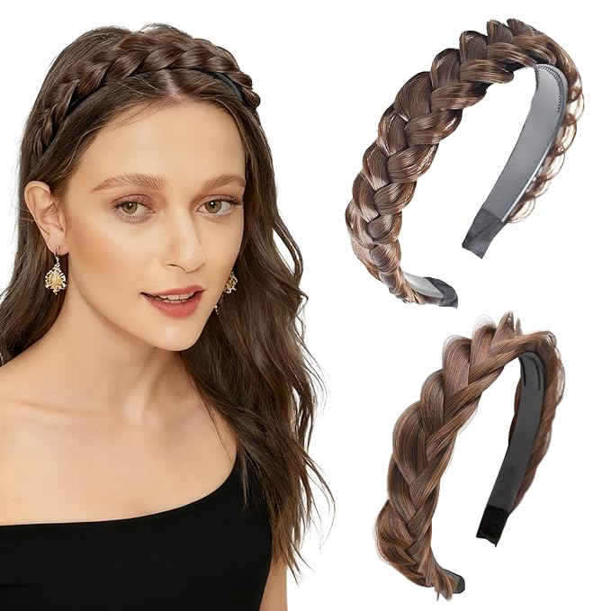 2PC Braided Headband with Tooth – Wide Faux Hair Braid Wig Hairband, Messy Fishbone & Geflochten Haarband Shape – for Women Fashion Accessories for Oktoberfest, Wedding, Parties, Comb Fit(Dark Brown)