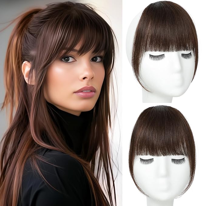 Clip in Bangs 100% Real Human Hair, French Bangs Hair Clip, Fake Bang Fringe with Temples Hairpieces for Women Daily Wear (Dark Brown, French Bangs)