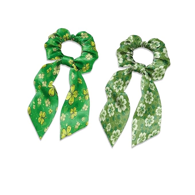 Four Leaf Satin Hair Tie Thick Hair No Damage Knotted Bow with Flowing Tails St. Patrick's Day Green Scrunchies with Bow Pack of 2