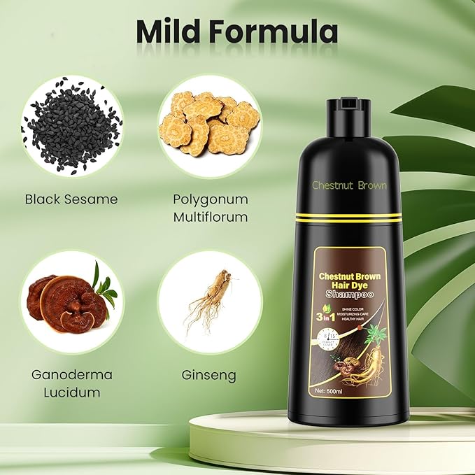 JUANCHI Chestnut Brown Hair Dye Shampoo 3 in1, Chestnut Brown Shampoo Hair Dye for Gray Coverage, Natural Hair Color for Women Men, Herbal Formula, Ammonia-free, Lasts 30 Days, 500ml (16.90 oz)