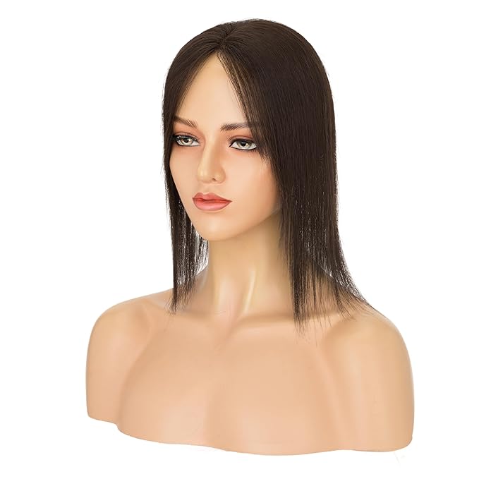 Hairro Human Hair Toppers with Side Bangs, 3D 360° Seamless Real Hair Toppers, Hand-Tied with 3.5"x4.7" U-shaped Base, Clip-In Hairpieces to Add Volume on Top, 12 Inch Dark Brown