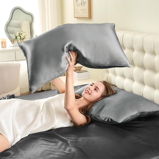 INFIIXSO Mulberry Silk Pillowcase for Hair and Skin, Silk Pillow Cases Queen Size with Hidden Zipper 20x30 Inches, Smooth and Soft Cooling Pillow Cases for Hot Sleepers(Dark Grey, 1 Pack)