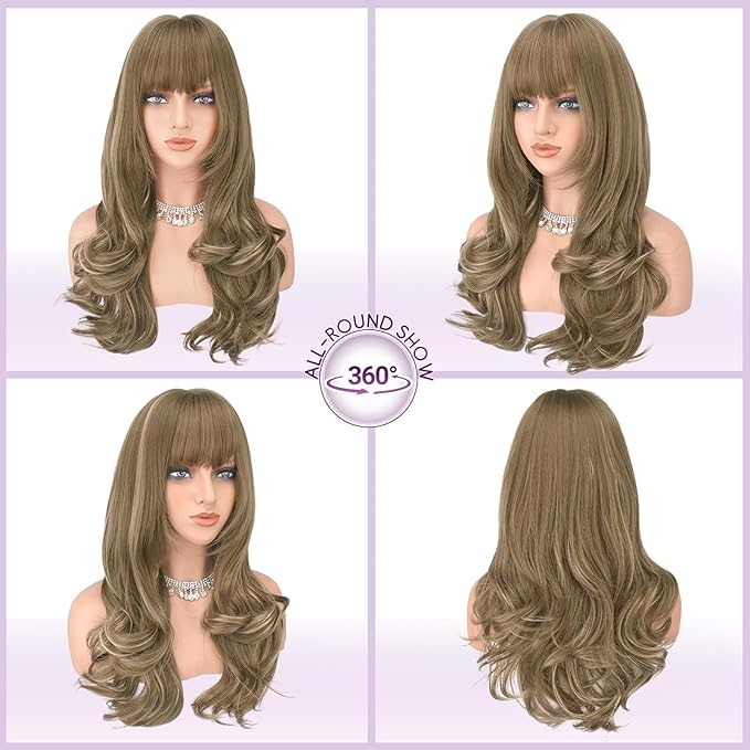 Haloo Brown Blonde Wigs with Bangs Long Wavy Layered Haircut Natural Looking Fluffy Synthetic Heat Resistant Hair Wig for Women Daily Party, 24 Inch Brown Mixed Blonde
