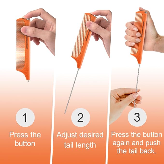Rat Tail Combs for Parting, Protable Retractable Rat Tail Comb, Parting Combs for Hair Stylist, Fine Tooth Teasing Comb Stainless Steel Pin Tail, Easy to Carry (1 Pack-Orange)