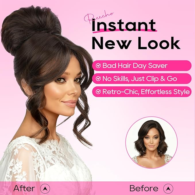 REECHO Messy Bun Hair Piece with Bangs – 2-in-1 Drawstring Ponytail Extension Updo Wig & Hair Topper with Long Side Bangs, Natural-Looking Hair Bun Hairpieces for Women - Black Brown
