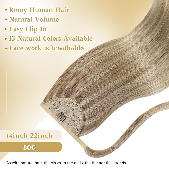 Ve Sunny Hair Extensions Ponytail Real Human Hair Wrap Around Clip in Ponytail Hair Extensions Straight Extensions Human Hair for Women Dark Blonde Highlights Golden Blonde 20inch 80G