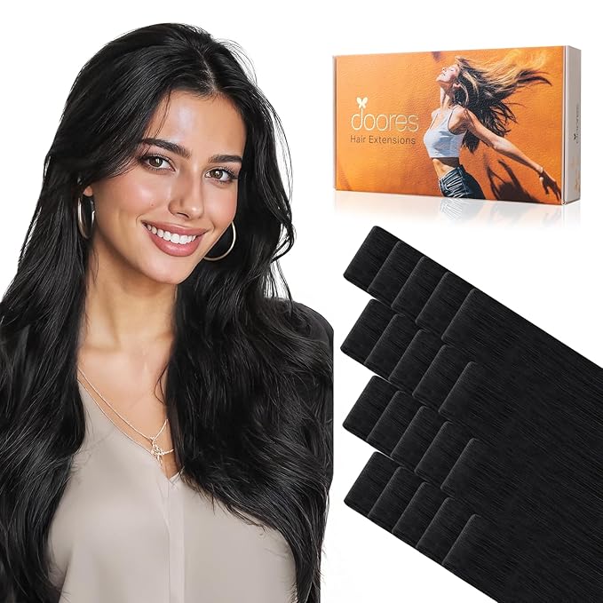 DOORES Invisible Hair Extensions Tape in Invisi Edge, Jet Black 10 Injection Tape-ins with 10 Injection Tape-ins 50g 18 Inch, Injected Tape in Extensions Virgin Human Hair Thick