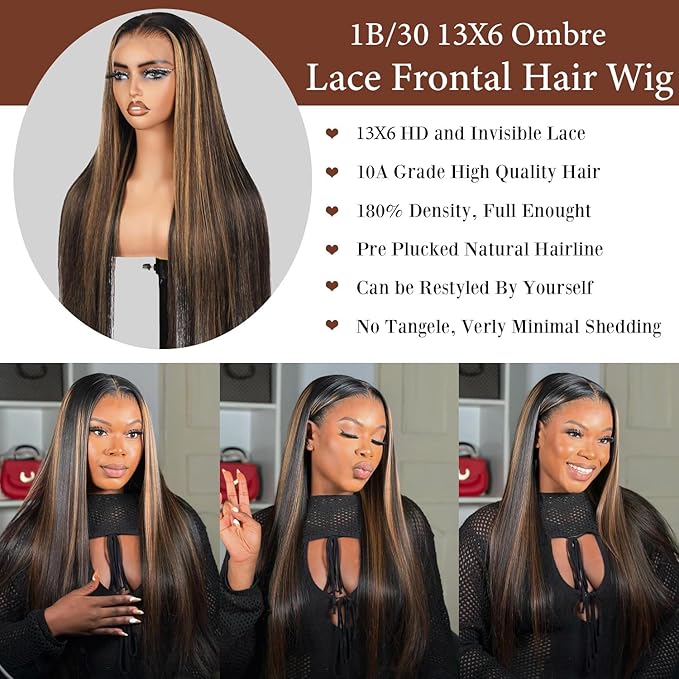 Ombre Lace Front Wig Human Hair 1B/30 Highlight Straight Wigs 13X6 Transparent Lace Frontal Glueless Wigs Honey Blonde Colored Human Hair Pre Plucked for Women 20inch