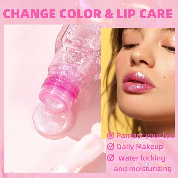 Magic Color Changing Moisturizing Lip Glow Oil + Plumping Lipstick, Hydrating Lip Gloss Balm, Transparent Lip Care, Non-Sticky Fresh Texture Lip Oil (Clear to Pink)