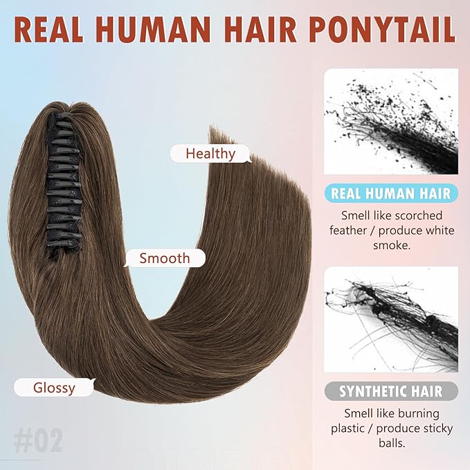 Hairro Claw Clip In Ponytails Extensions Jaw On Real Hair Ponytail Long Jaw/Claw Pony Tail With Clips Hairpieces For Women 22 Inch 120g #02 Dark Brown