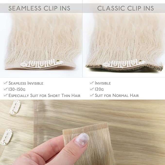 WENNALIFE Seamless Clip In Hair Extensions Human Hair, 24 Inch 160g 7pcs Ombre Ash Blonde to Golden Balayage Platinum Blonde Invisible Natural PU Weft Straight Extensiones De Cabello Hmano