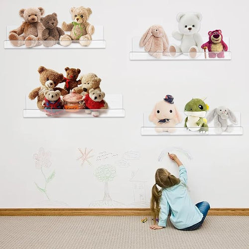 4 Pack Clear Acrylic Floating Shelves for Wall, 15'' Plastic Wall Mounted Display Shelf Kids Bookshelf and Spice Organizer for Bedroom, Living Room, Kitchen, Bathroom, Office