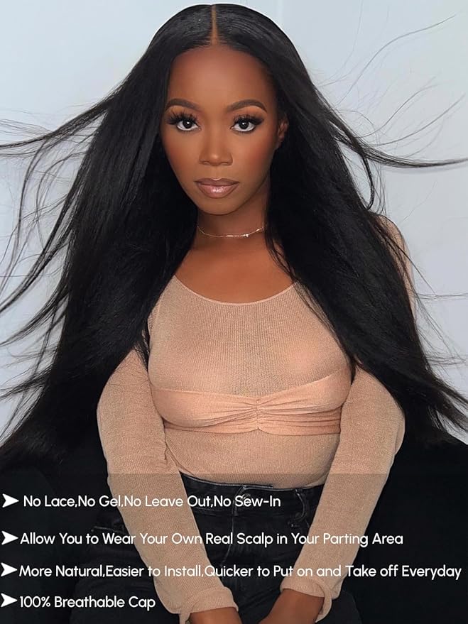 YIROO EasiContour V Part Wigs Human Hair Yaki Straight Human Hair Wigs No Leave Out Glueless Upgraded U Part Wigs for Women V Shape Clip in Vpart Wig No Sew in No Glue Beginner Friendly 14 inch