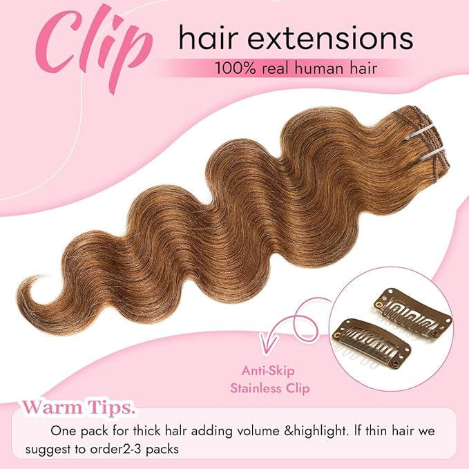 Clip in Hair Extensions Real Human Hair Body Wave 30 Auburn Ginger Clip in 100% Brazilian Remy Human Hair Extensions 8pcs Per Set with 18 Clips Double Weft 22 Inch 110g/3.6oz