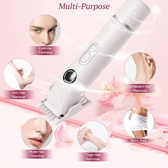Bikini Trimmer for Women, 4 in 1 Wet/Dry Electric Razors for Women - Dual Head, Painless Rechargeable Portable Womens Razors for Shaving Set for Face, Nose, Eyebrows, Armpits, Bikini Area (White)