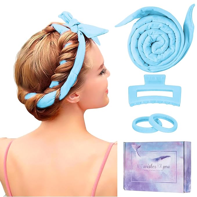 Heatless Curling Rod Headband, Upgraded 60" Extra Long Heatless Curls Headband Soft Hair Curlers to Sleep In Hair Rollers No Heat Curls (Blue)